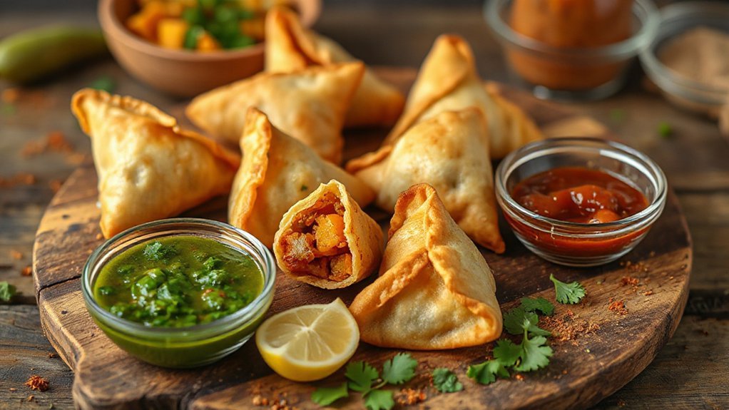 samosas with chutney trio