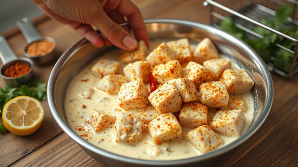 yogurt marinated cubed chicken skewers